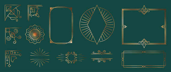 Collection of geometric art deco ornament. Luxury golden decorative elements with different lines, frames, headers, dividers and borders. Set of elegant design suitable for card, invitation, poster. © TWINS DESIGN STUDIO