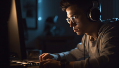 Caucasian man working late, listening with headphones generated by AI - obrazy, fototapety, plakaty