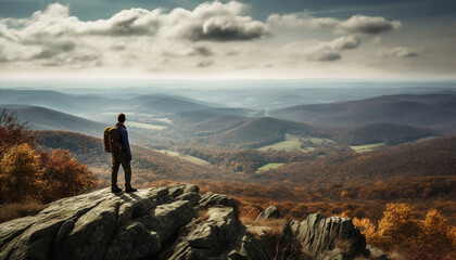Men hiking mountain peak, standing on cliff generated by AI