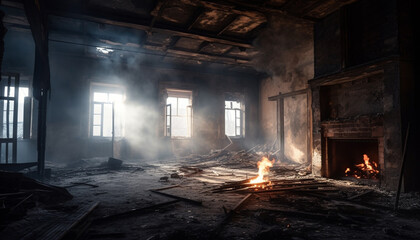Fototapeta na wymiar Dark, abandoned factory burning in fiery inferno generated by AI
