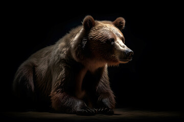Close up of Brown bear in the dark black background with low light and high contrast. Generative AI