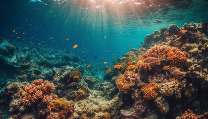 Fototapeta na wymiar Tropical fish swim in coral reef paradise generated by AI