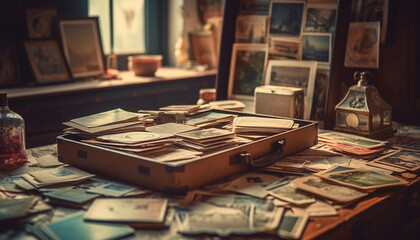 Antique book stack on messy table indoors generated by AI