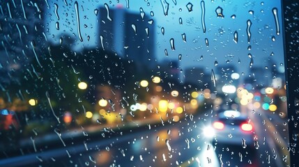 Generative AI. 	
Raindrops on a car window with a blurred background