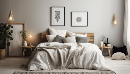 Comfortable modern bedroom with elegant wood headboard generated by AI