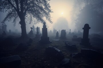 cemetery in fog - Illustration created with Generative ai