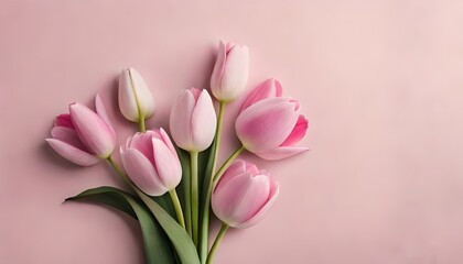 Bouquet of tulips. Pink tulip flowers on pastel color background. Flat lay.