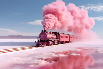 pink steam train in the mountains - obrazy, fototapety, plakaty