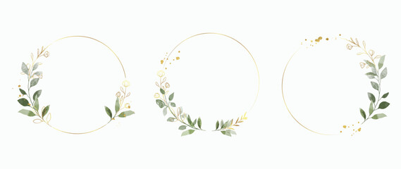 Luxury botanical gold wedding frame elements on white background. Set of polygon, circle, glitters, leaf branches. Elegant foliage design for wedding, card, invitation, greeting.