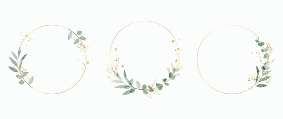 Luxury botanical gold wedding frame elements on white background. Set of polygon, circle, glitters, leaf branches. Elegant foliage design for wedding, card, invitation, greeting.