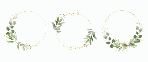 Luxury botanical gold wedding frame elements on white background. Set of polygon, circle, glitters, eucalyptus leaves, leaf branches. Elegant foliage design for wedding, card, invitation, greeting.