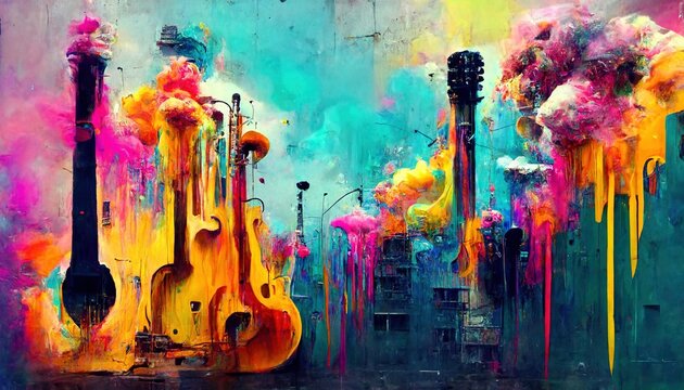 Generative AI, Street art with keys and musical instruments silhouettes. Ink colorful graffiti art with melted paint