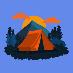 camping at night with tent in the forest with mountain and trees view vector illustration