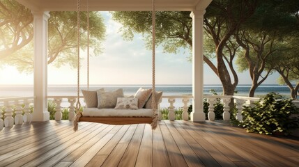 luxury house veranda with hanging swing. Generative AI - obrazy, fototapety, plakaty
