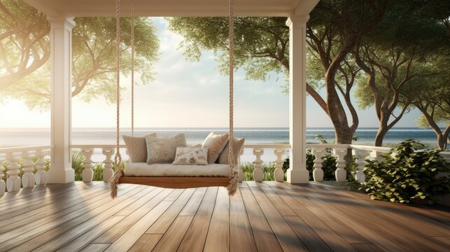 luxury house veranda with hanging swing. Generative AI