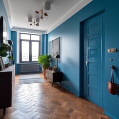 Fototapeta na wymiar Contemporary Charm Blue Door in Modern Apartment. AI