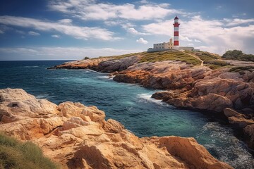 Fototapeta na wymiar The island of Menorca, in Spain, has very beautiful lighthouses on cliffs. Ai generated.