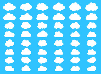 Big set of fluffy clouds and with flat bottom cloud icons in flat style isolated on blue background. Cloud vector collection.