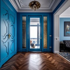 Contemporary Charm Blue Door in Modern Apartment. AI