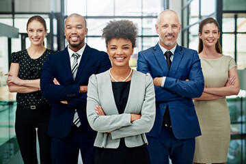 Portrait, diversity and happy business people with arms crossed for professional commitment, pride or teamwork. Group, African woman leader and corporate employees smile for global company unity - obrazy, fototapety, plakaty