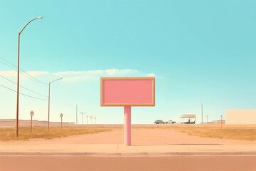 Generative AI illustration of empty advertising signboard with street light pole against cloudless blue sky in sandy countryside on sunny day