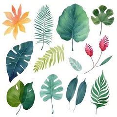 Fototapeta premium tropical leaves on white background watercolor set for postcard cover fabric decor book postcard set. generative ai