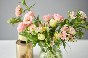 Bouquet 001. Finished flower arrangement in a vase for home. Flowers bunch, set for interior. Fresh cut flowers for decoration home. European floral shop. Delivery fresh cut flower.