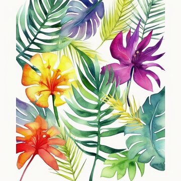 tropical leaves and flowers watercolor painting for postcard cover fabric book decor invitations floral illustration. generative ai