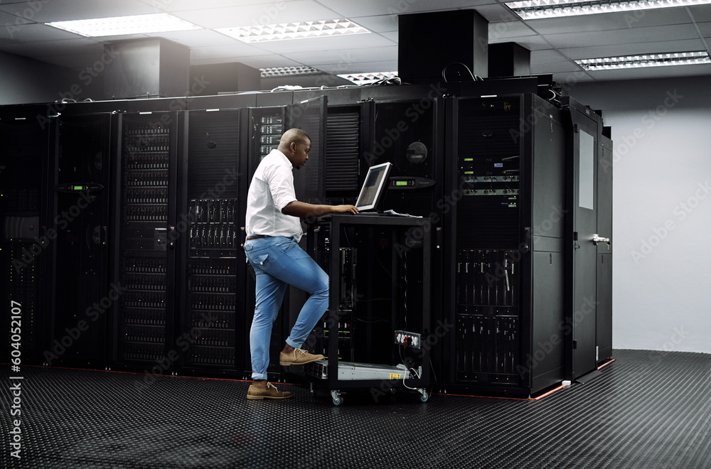 Poster it support, black man or coding on computer in server room for big data, network glitch or digital w