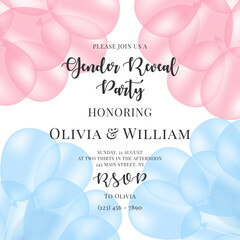 Invitation for gender reveal party with pink and blue balloons. Vector flat illustration for card, , design, flyer, poster, decor, banner, web, advertising.