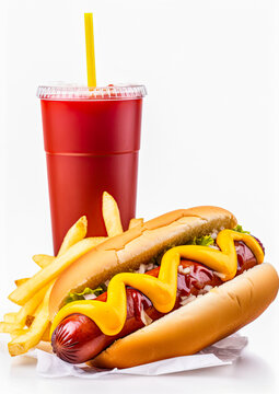 Hot dog with mustard, french fries and a large soda cup on white background. Generative Ai image