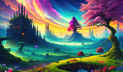 Landscape of an alien planet, view of another planet with fantastic trees, science fiction background. Generative Ai.