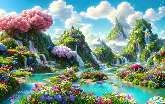 Paradise garden full of flowers, beautiful idyllic background with many flowers in Eden. Generative Ai.