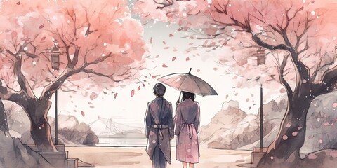 beautiful couple meet under cherry blossom tree, generative AI - obrazy, fototapety, plakaty