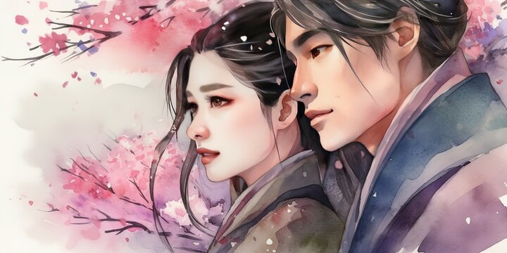 beautiful couple meet under cherry blossom tree, generative AI