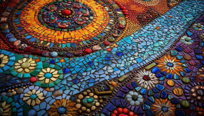 Vibrant colors and intricate patterns adorn mosaic window generated by AI
