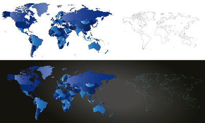 Carte du monde nuances de bleu pays et continents