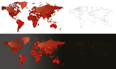 Carte du monde nuances de rouge pays et continents