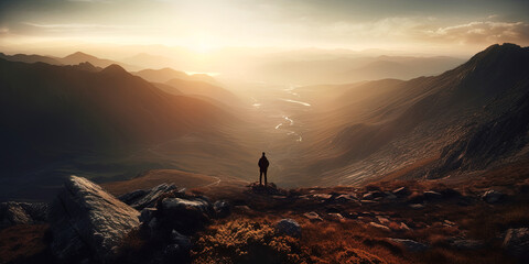 man on top of mountain, panoramic image. Generative Ai