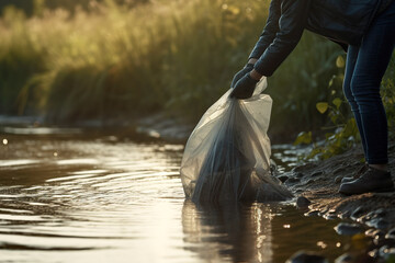 man picking garbage plastic in the river. Generative Ai