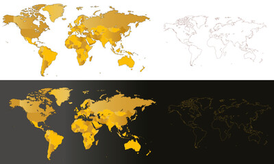Carte du monde nuances de  jaune or pays et continents