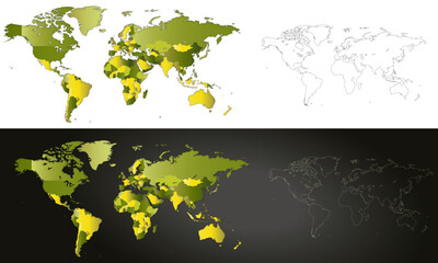 Carte du monde nuances de  Vert pays et continents