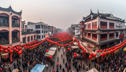 Crowded city street celebrates Chinese traditional festival generated by AI