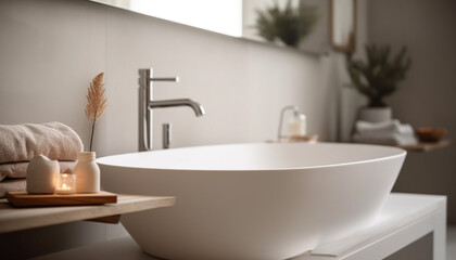 Obraz na płótnie Canvas Clean, modern bathroom with luxury bathtub and sink generated by AI