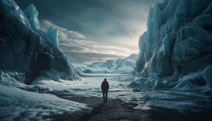 One person hiking mountain peak in arctic generated by AI