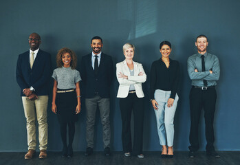 Happy, smile and portrait of business people in studio for support, advisory and teamwork....