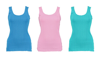 Collection of summer colored tops. Photo on a mannequin. Isolated image on a colored background. 
