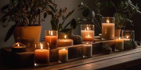 Candles and plant decor on the wooden table, generative Ai