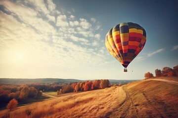 Fototapeta premium Traveling Horizons. Colorful Hot Air Balloon against a Sky Background. Generative AI illustrations.