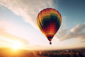 Obraz premium Traveling Horizons. Colorful Hot Air Balloon against a Sky Background. Generative AI illustrations.